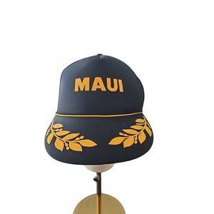 SnapBack Men Black Yellow Vtg Maui Mesh Trucker Hat Cap Leaf Hawaiian Headwear